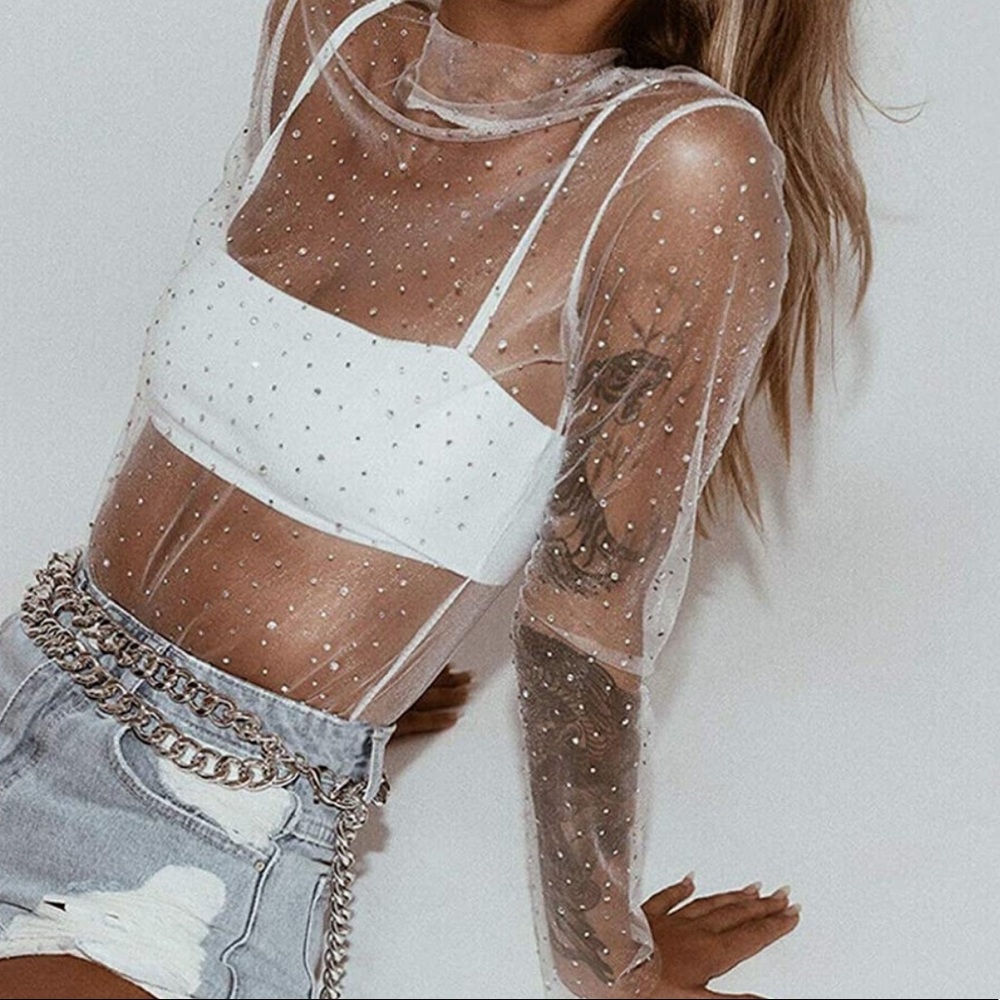 Sheer long sleeve rhinestone top